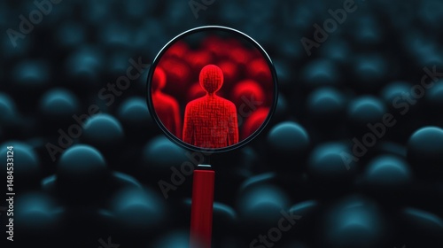 Red figure highlighted in a sea of dark silhouettes, focus on individuality and uniqueness in a crowded space