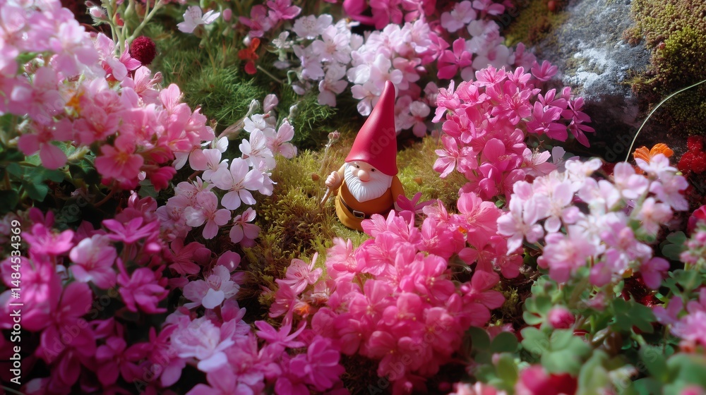 Miniature gnome exploring vibrant pink flowers in a lush garden setting during daylight