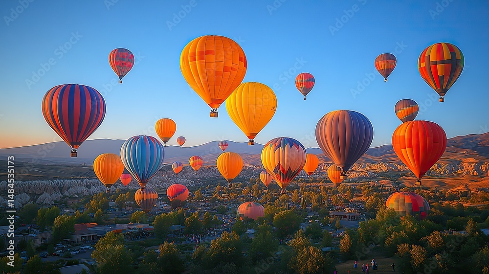 Obraz premium A collection of colorful balloons floats upwards into a clear blue sky, their buoyant ascent symbolizing joy and freedom, a whimsical and uplifting image