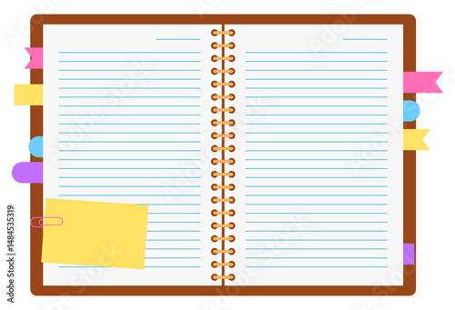Cute blank empty notebook with note paper flat illustration