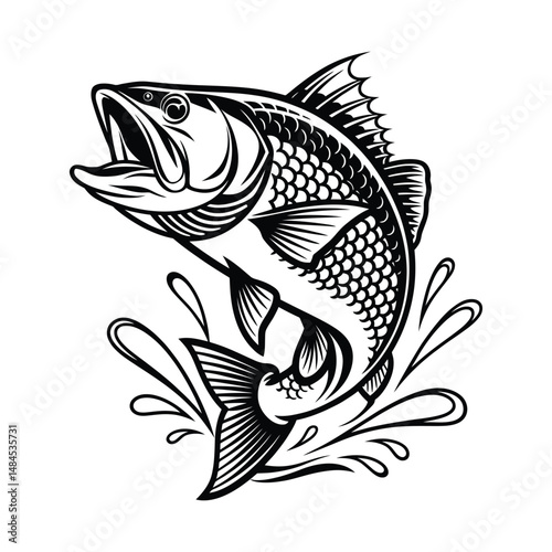 Black and white illustration of a jumping bass with water splashes