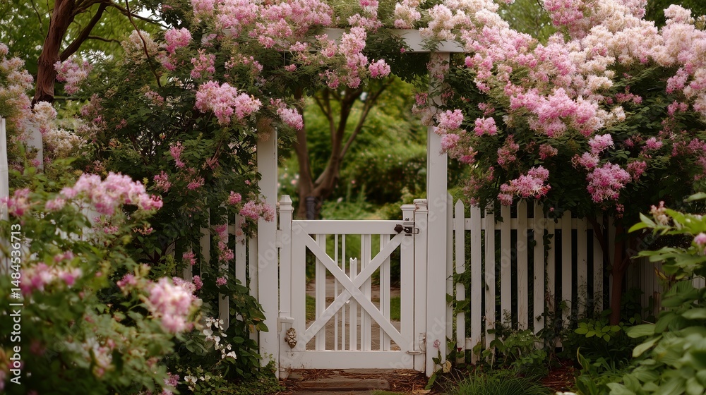 Colorful flowers frame a charming white gate in a tranquil garden setting during springtime