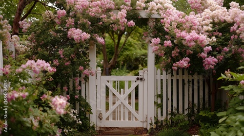 Obraz na płótnie Colorful flowers frame a charming white gate in a tranquil garden setting during springtime w salonie