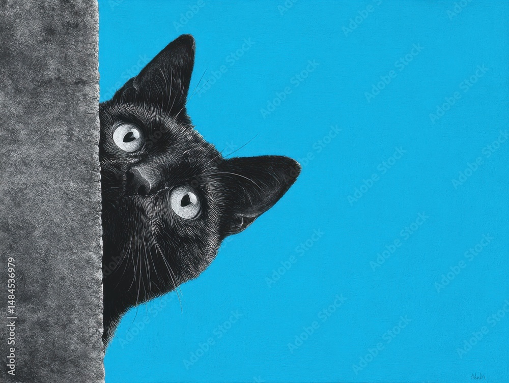 Obraz premium Black Cat Peeking From Behind Gray Wall on Blue Background