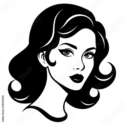 Young woman with headphones, her face framed by flowing hair, embodies modern beauty and fashion in a stylish vector illustration