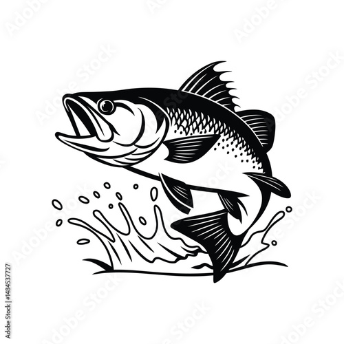 Black and white graphic illustration of a bass fish jumping out of the water