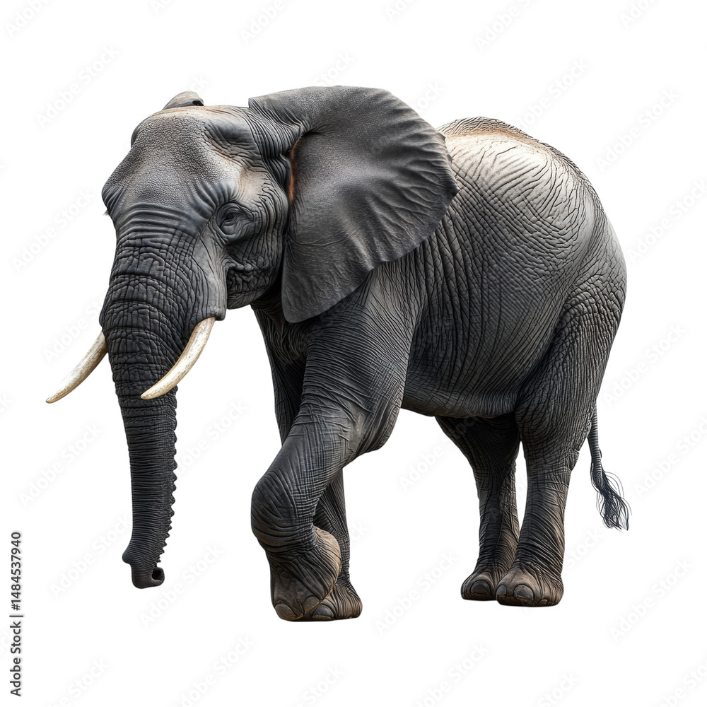 Obraz premium An imposing African elephant strides forward majestic and powerful against on transparent background
