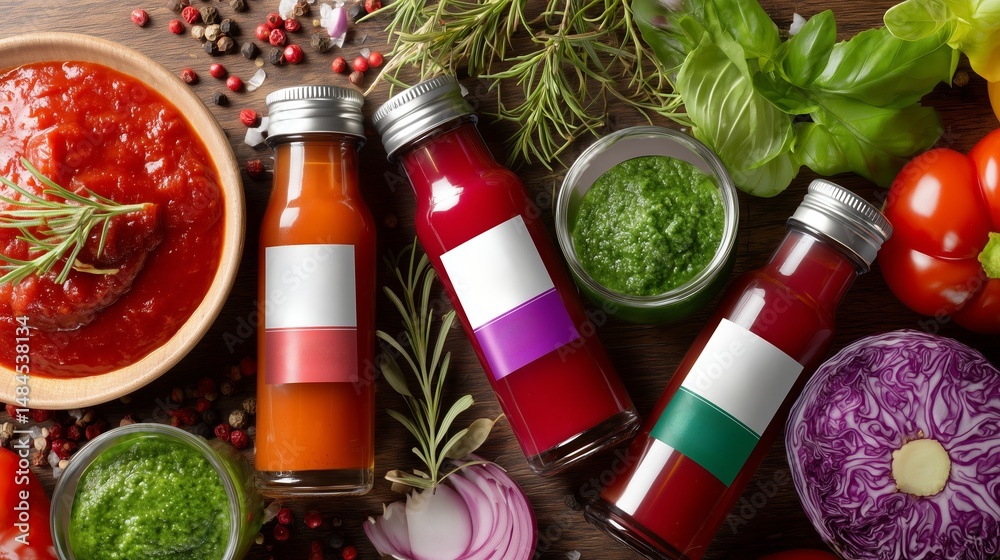 Colorful selection of sauces and fresh ingredients arranged on a wooden table ready for culinary creation