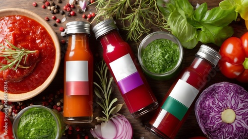 Obraz na płótnie Colorful selection of sauces and fresh ingredients arranged on a wooden table ready for culinary creation w salonie