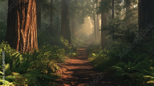 Wallpaper Mural A serene forest pathway winds through towering redwood trees, illuminated by soft sunlight filtering through the leaves. Torontodigital.ca