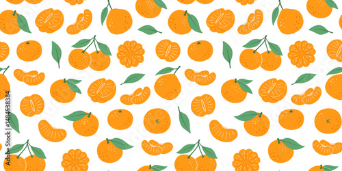 Seamless pattern with tangerine fruits and leaves. Vector isolated illustrations of flat citrus on white.