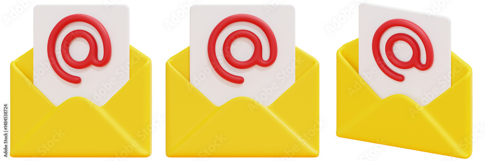 Set of Yellow Envelopes with Red At Symbol 3d Render Icon Illustration Set of Yellow Envelopes with Red At Symbol 3d Render Icon Illustration