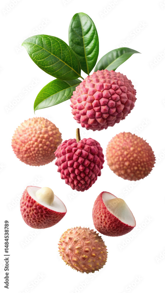 flying fresh lychee fruits isolated on transparent white background, clipping path flying fresh lychee fruits isolated on transparent white background, clipping path