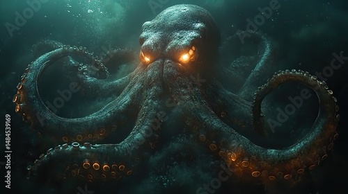 A colossal giant squid with massive tentacles swimming in the deep, dark ocean, its eyes glowing eerily in the darkness