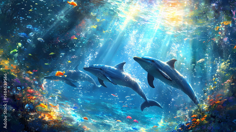 Obraz premium Graceful dolphins swimming underwater with sunlight streaming through ocean surface in blue water landscape. [Seraphic Depths] | Deep Benediction | submerged blessing. Illustration