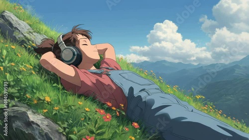 Anime girl relaxing in nature with lo-fi music on headphones and beautiful mountains