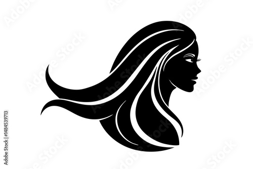 Long flowing hair on a woman's profile, a beautiful line art illustration in black, embodying style and feminine grace
