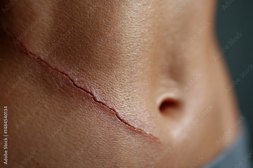 Fototapeta premium Close up of a healed surgical scar on an adult abdomen with natural skin texture and subtle lighting