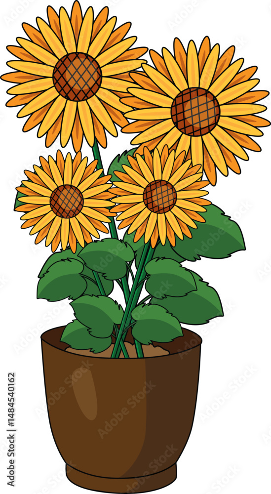 Obraz premium Sunflower Plant In Pot Front View Vector