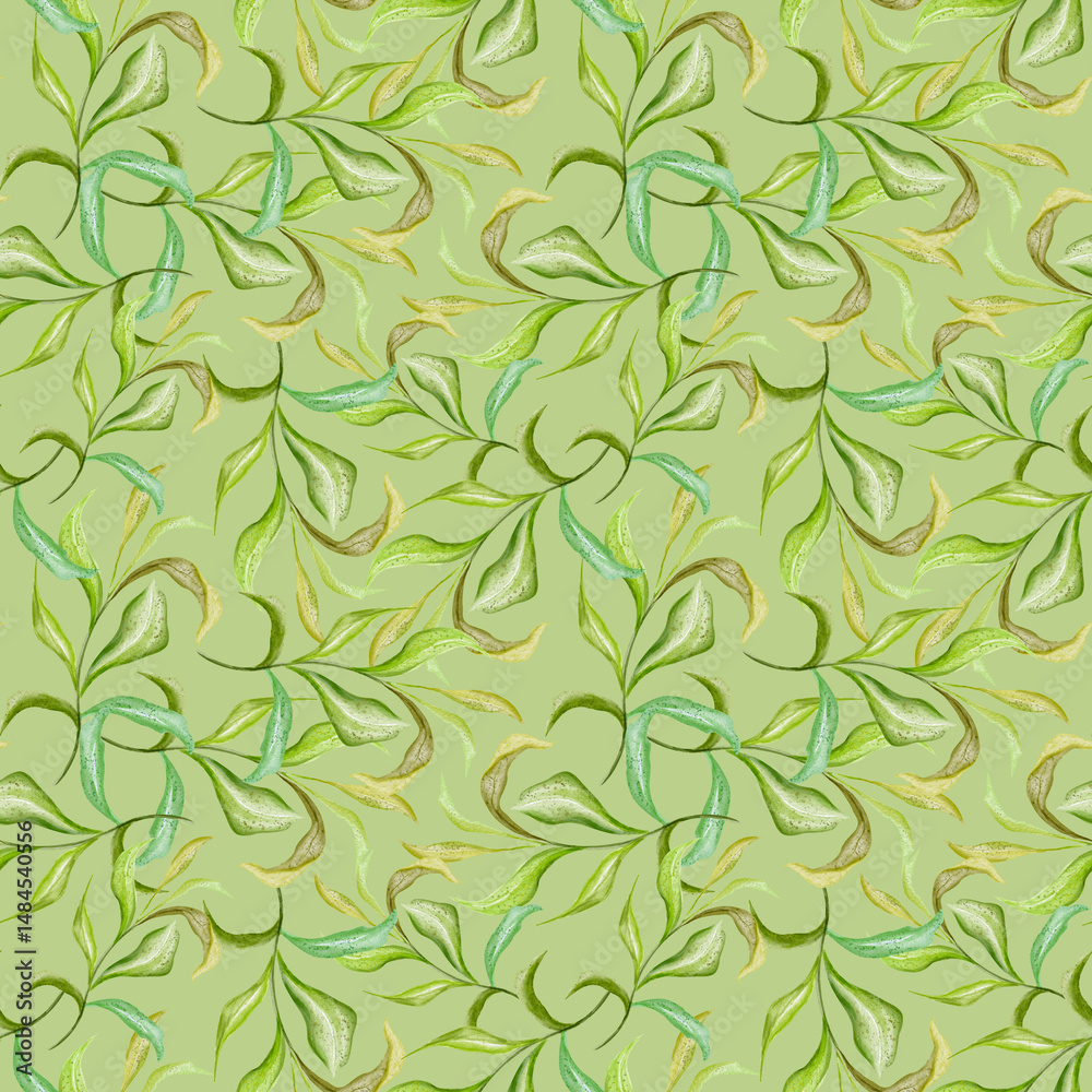 Abstract green leaf Seamless Pattern. Repeated Ornament Evergreen Variegated Plant with Exotic Flowers. Botanical Watercolor Print. Watercolor hand drawn Abstract green leaf Seamless Pattern. Repeated Ornament Evergreen Variegated Plant with Exotic Flowers. Botanical Watercolor Print. Watercolor hand drawn