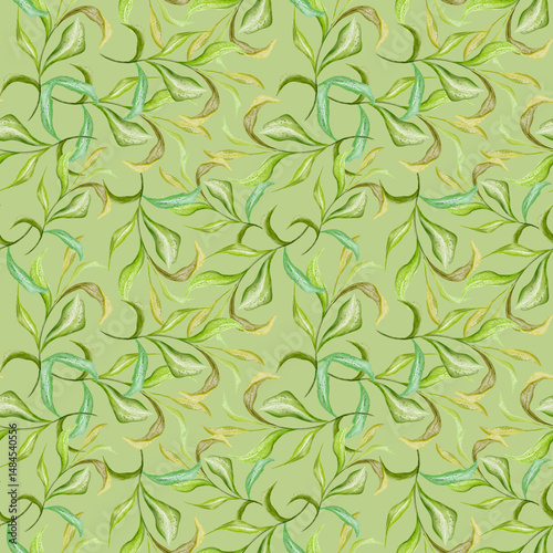 Abstract green leaf Seamless Pattern. Repeated Ornament Evergreen Variegated Plant with Exotic Flowers. Botanical Watercolor Print. Watercolor hand drawn