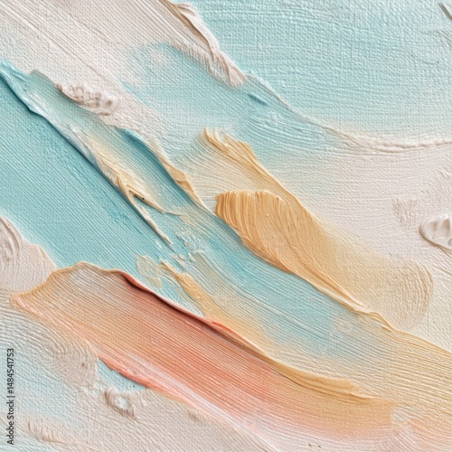 Coral, beige, and light aqua paint strokes create a smooth, flowing design on a lightly textured canvas.