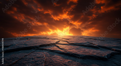 荒野に燃える夕焼け 大地割れ激しく輝く