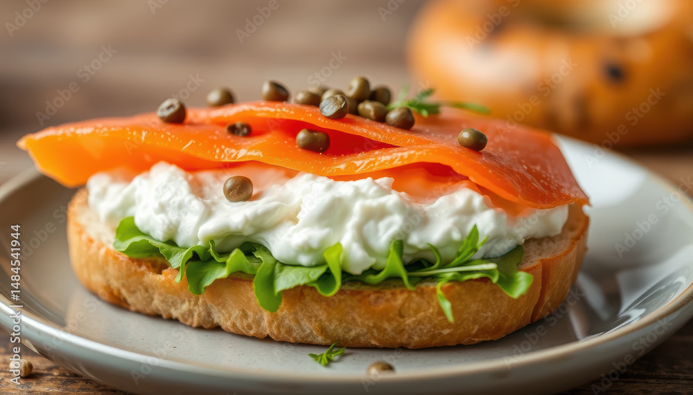 Close up of open faced sandwich with smoked salmon, cream cheese, fresh greens, and capers on toasted bread slice, served on ceramic plate with rustic background Close up of open faced sandwich with smoked salmon, cream cheese, fresh greens, and capers on toasted bread slice, served on ceramic plate with rustic background