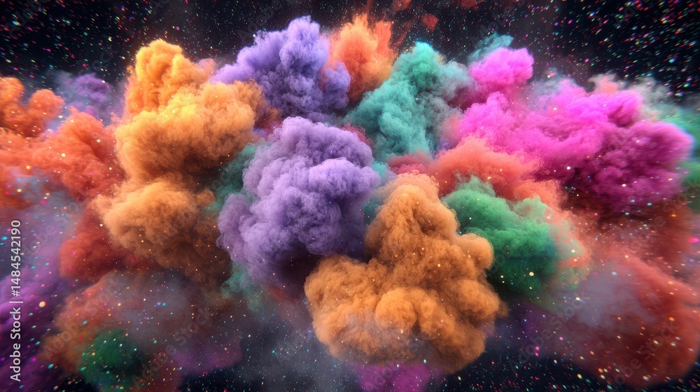 Obraz premium Colorful Smoke and Cloud Explosion in a Cosmic Space Background with Glitter Effects and Vibrant Texture