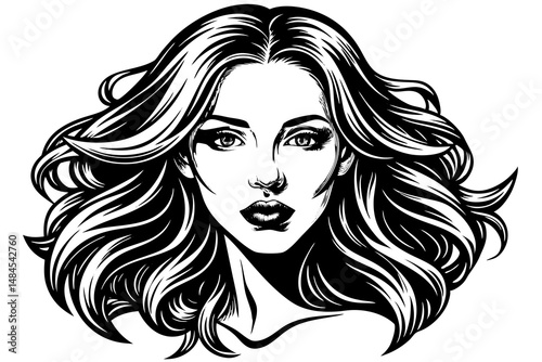 Beautiful vector illustration of a long-haired woman's face with glamorous makeup and stylish silhouette
