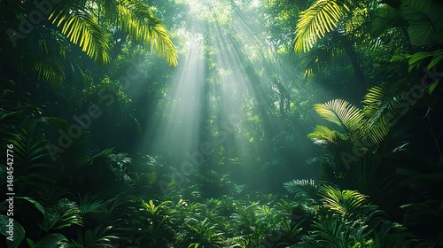 A dense jungle canopy with sunlight filtering through the lush foliage, creating dappled patterns on the forest floor The air is humid and filled with the sounds of wildlife