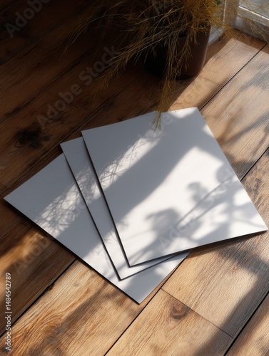 Stacked Papers Sunlight Shadow Wooden Floor Mockup