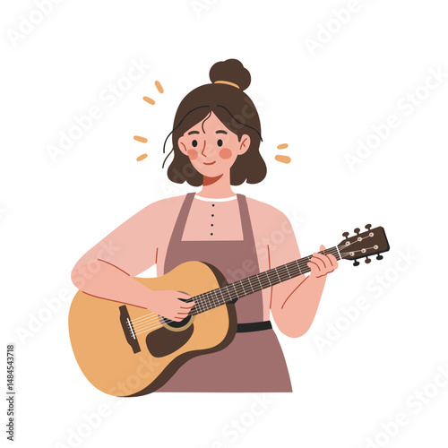 Female luthier playing acoustic guitar while smiling in casual attire  