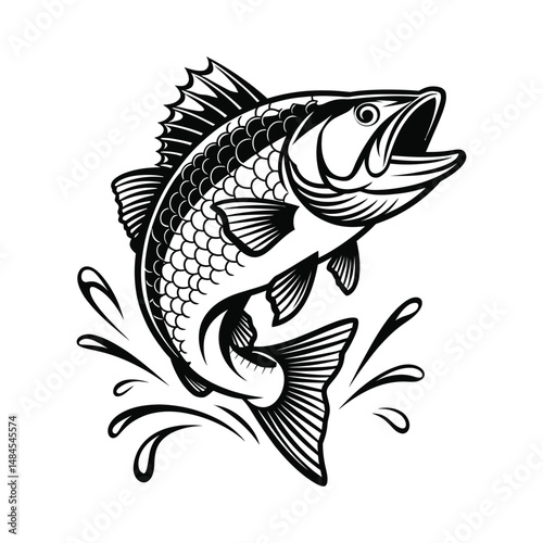 Black and white illustration of a fish jumping out of water on a white background