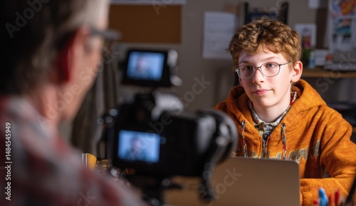 Teen boy being interviewed on camera indoors.