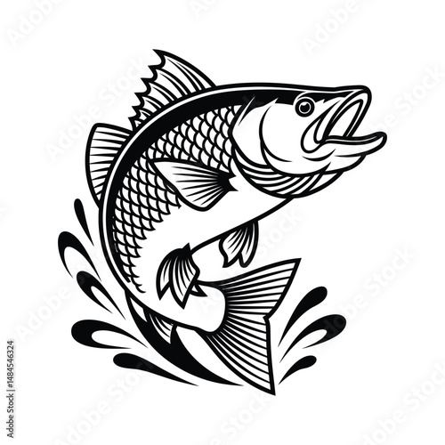 Black and white graphic illustration of a bass fish jumping out of the water