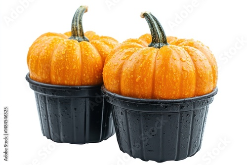 close-up of wet baby pumpkin on black pot isolate on white background
