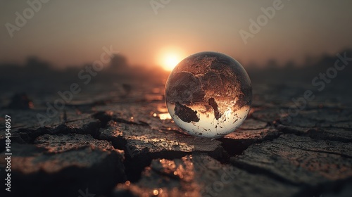 Fototapeta Naklejka Na Ścianę i Meble -  Earth's Reflection in Crystal Ball: A captivating composition showcases planet earth in a glass sphere, set amidst a cracked desert landscape against a vibrant sunrise backdrop.