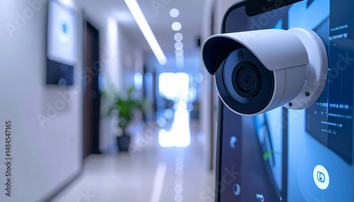 Surveillance Security: A close-up perspective of a sleek, modern security camera, vigilantly overseeing a bright corridor within a commercial building, signifying safety and protection. photo