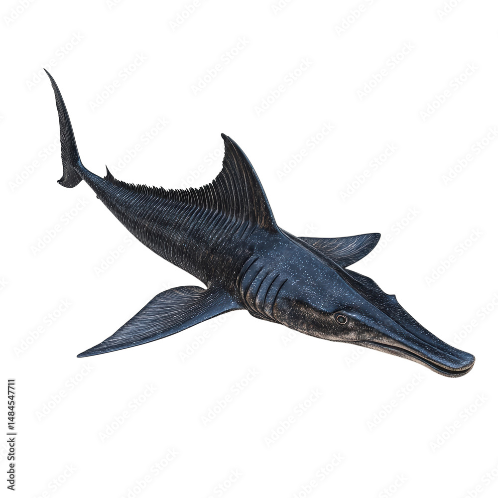 Fototapeta premium An Ichthyosaur gracefully glides through the ancient ocean depths in a on transparent background