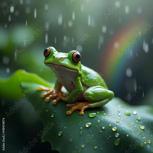 Nature's Promise Frog Perched on a Leaf with a Rainbow Arc Generative AI