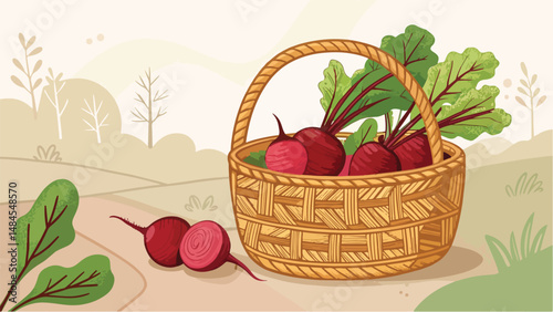 Beetroot Illustration vector design, Beetroot in wicker basket in natural background vector design