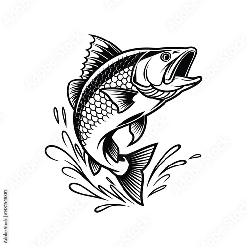 Black and white illustration of a bass fish jumping out of the water