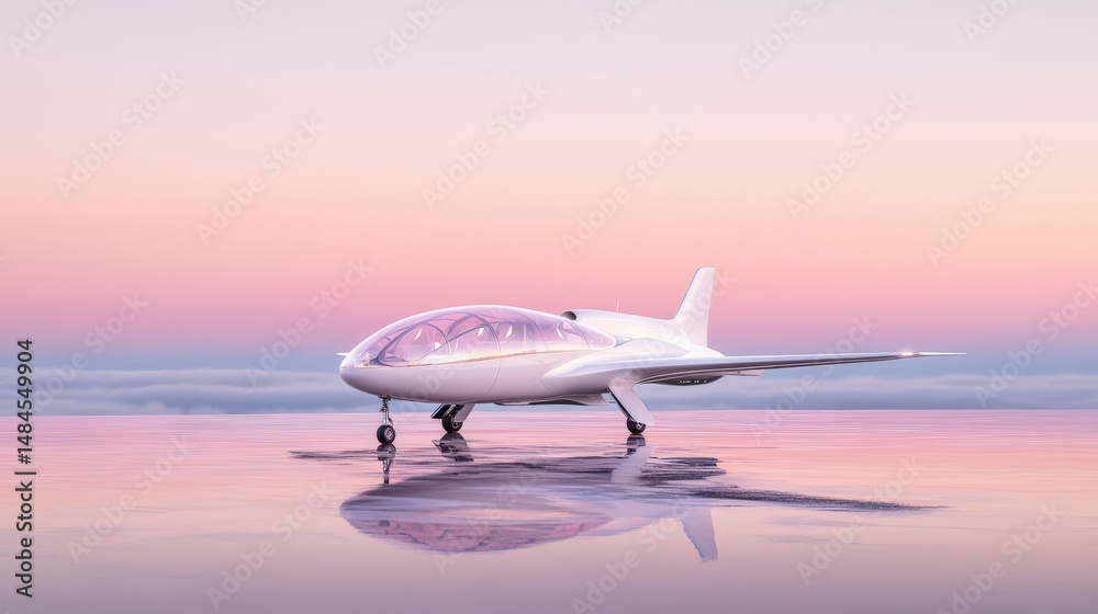 Obraz premium A futuristic airplane with a transparent canopy on a reflective floor, soft glow, copy space on the left, premium ad aesthetic