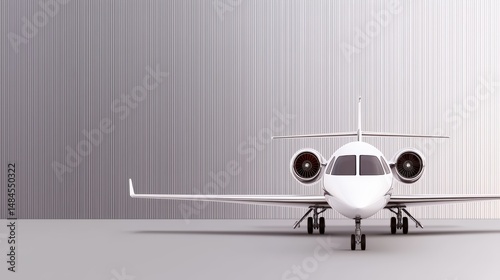 A jet with a futuristic propulsion system against a metallic backdrop, copy space on the right, polished commercial look
