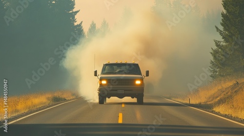 Wallpaper Mural A large gray semi-truck carrying a load of hay bales drives along a winding road, surrounded by tall green pine trees. Torontodigital.ca