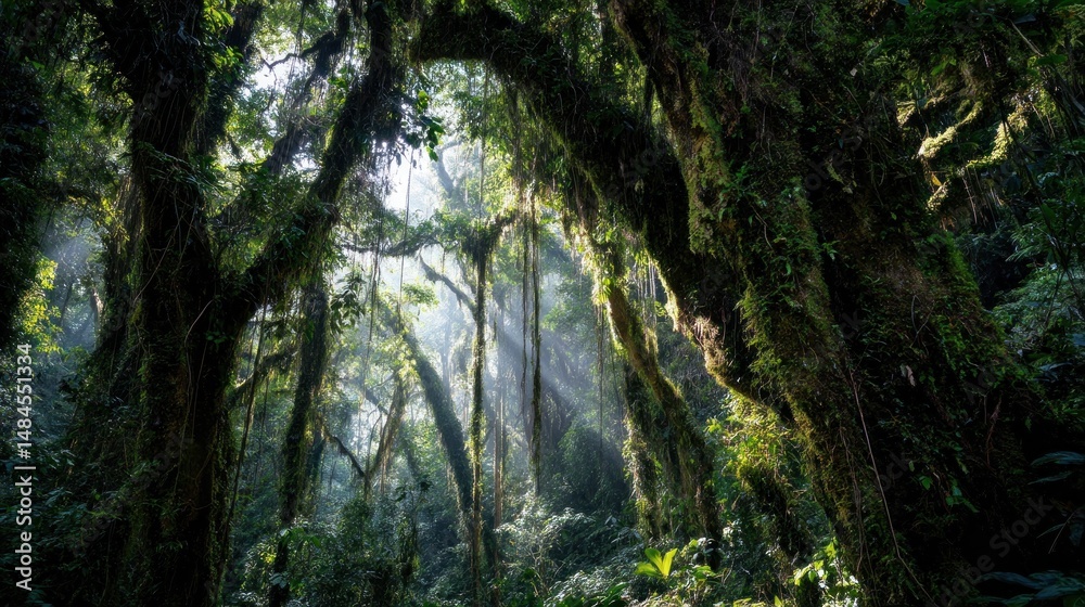 Naklejka premium Lush forest canopy bathed in sunlight. Sunlight filtering through dense jungle foliage