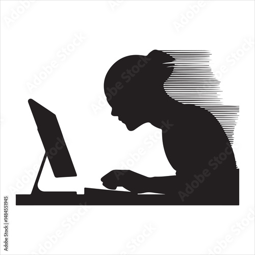 Silhouette Of A Woman Working On Computer With Graphic Motion Effect.