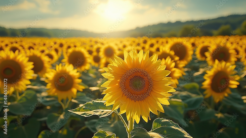 Fototapeta premium A field of vibrant sunflowers in full bloom, their faces turned towards the bright summer sun under a clear blue sky