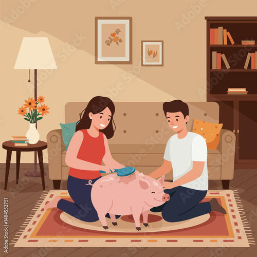 People Brushing Pig Together Happily Indoors in a Warm and Cozy Environment